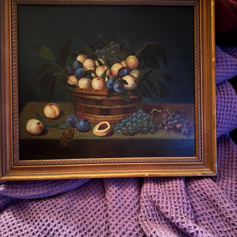 Classic Still Life Fruit Basket Wall Art in Cream and Blue